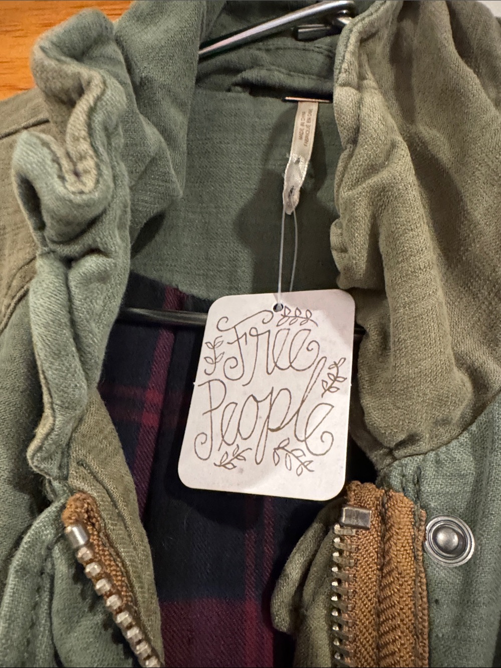 NWT Free People Olive Green Military-Style Women's Coat with plaid lining - Picture 5 of 11